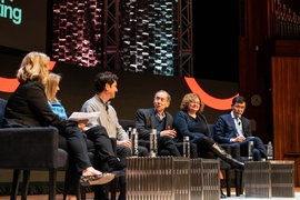 Institute Professor Robert Langer, third from right, and a panelist in “Computing for the Marketplace,” said AI holds great promise for early disease diagnoses. With enough medical data, for instance, AI models can identify biological “fingerprints” of certain diseases in patients. Also pictured are (left to right): panel moderator Katie Rae, executive director of The Engine; Helen Greiner...