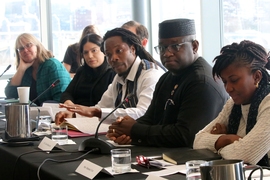 A roundtable discussion included, from left, Amy Smith, founding director of MIT D-Lab; Tavneet Suri, Associate Prof. of Applied Economics; Prof. Bruce Tibor; David Sengeh PhD ’16, Sierra Leone’s Chief Innovation Officer; Sierra Leone President Julius Maada Bio; and Minister of  Planning and Economic Development Nabeela Tunis.