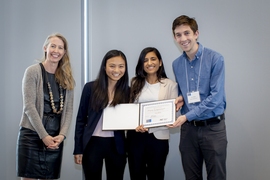 Kate Trimble (left), associate dean and senior director of the PKG Center, poses with the founders of Myco Diagnostics, (from left to right) Nhat Nguyen, Aditi Trehan, and Eric Miller.