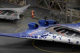 Artists concept shows integrated wing-body aircraft, enabled by the new construction method being assembled by a group of specialized robots, shown in orange.