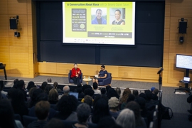 Beverly Daniel Tatum (left), president emerita of Spelman College, and Melissa Nobles (right), the Kenan Sahin Dean of the School of Humanities, Arts, and Social Sciences at MIT, discussed racial relations in the U.S., on April 18 at MIT.