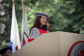 MIT Chancellor Cynthia Barnhart SM ’86, PhD ’88, the Ford Foundation Professor of Engineering, speaking at MIT’s Investiture of Doctoral Hoods and Degree Conferral ceremony.