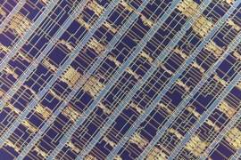 A close up of a modern microprocessor built from carbon nanotube field-effect transistors.