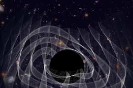 MIT scientists have captured the “ringing” of a newly-formed black hole, in the form of gravitational waves, depicted in this artist’s illustration.