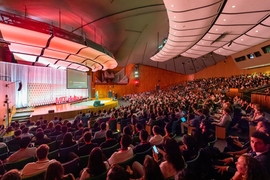 As in past years, MIT delta v's Demo Day attracted a packed audience at Kresge Auditorium.