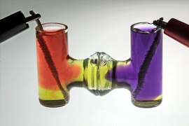 In a demonstration of the basic chemical reactions used in the new process, electrolysis takes place in neutral water. Dyes show how acid (pink) and base (purple) are produced at the positive and negative electrodes. A variation of this process can be used to convert calcium carbonate (CaCO3) into calcium hydroxide (Ca(OH)2), which can then be used to make Portland cement without producing any gre...