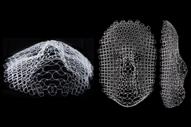 A lattice structure, originally printed flat, has morphed into the outline of a human face after changing in response to the surrounding temperature. Perspective view (left), top view (middle), and side view (right) of transformed lattice, approximately 160mm tall.