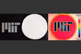 In the photo on the left, a disk of the new insulating material blocks and reflects visible light, hiding the MIT logo beneath it. But seen in infrared light, at right, the material is transparent and the logo is visible.