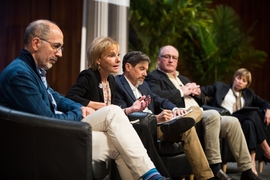 A panel chaired by MIT Vice President for Research Maria Zuber, at right, included, from left, Jerry Mitrovica of Harvard University, Sherri Goodman of the Wilson Institute, Philip Duffy of the Woods Hole Research Center, and John Reilly of MIT's Joint Program on the Science and Policy of Global Change