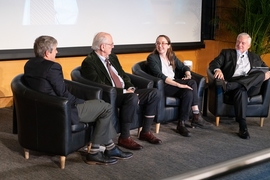 Left to right: Steven Ansolabehere of Harvard University, Henry Jacoby of the MIT Sloan School of Management, Leah Stokes of the University of California at Santa Barbara, and Richard Schmallensee of MIT Sloan, who moderated the panel discussions. 