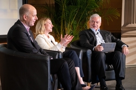 Left to right: Max Auffhammer of the University of California at Berkeley, Kathleen Hicks of the Center for Strategic and International Studies, and Richard Schmallensee of MIT’s Sloan School of Management, in one of the three panel discussions at the second of MIT’s symposia on climate change.