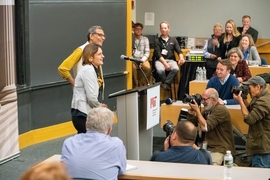 Esther Duflo and Abhijit Banerjee give remarks and answer questions at an MIT press conference on Oct. 14.