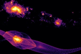 A simulation of early galaxy formation under three dark matter scenarios. In a universe filled with cold dark matter, early galaxies would first form in bright halos (far left). If dark matter is instead warm, galaxies would form first in long, tail-like filaments (center). Fuzzy dark matter would produce similar filaments, though striated (far right), like the strings of a harp.
