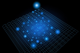 An artist's impression of a light-induced charge density wave (CDW). The wavy mesh represents distortions of the material’s lattice structure caused by the formation of CDWs. Glowing spheres represent photons. In the center, the original CDW is suppressed by a brief pulse of laser light, while a new CDW appears at right angles to the first.