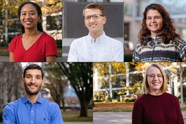 Clockwise from upper left: Megan Yamoah, Billy Woltz, Fran Vasconcelos, Claire Halloran, and Ali Daher will pursue graduate studies at Oxford University next year.