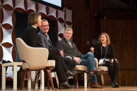 Daniela Rus (far right), director of the Computer Science and Artificial Intelligence Laboratory (CSAIL), moderated a panel on dispelling the myths of AI technologies in the workplace. The AI and the Work of the Future Congress was co-organized by CSAIL, the MIT Initiative on the Digital Economy, and the MIT Work of the Future Task Force.