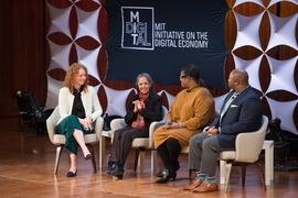During a panel focused on tech-industry diversity, Radha Basu (second from left), who founded Hewlett Packard’s operations in India in the 1970s, discusses how her new AI-based startup, iMerit, hired a workforce that’s half young women and more than 80 percent from underserved populations. 