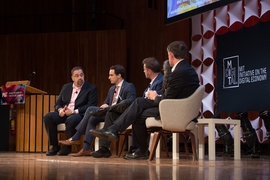 The panel, “Work of the Future Policy Levers: People, Places and Institutions,” which focused on how public policy can be shaped to help technology benefit society, included (from left): Daron Acemoglu, Michael Kratsios, Erik Brynjolfsson, Sarita Gupta, and Alastair Fitzpayne.