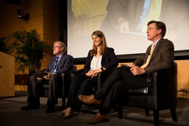 A panel on how the developing world can move toward greater access to electricity without adding to greenhouse gas emissions included visiting professor Ignacio Perez-Arriaga, Nithio co-founder Kate Steel, and moderator Robert Stoner, deputy director of the MIT Energy Initiative.