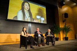 A panel on decarbonization of transportation featured, from left to right, MIT professor Yang Shao-Horn, former Cummins CTO John Wall, and professor emeritus and former U.S. Secretary of Energy Ernest Moniz.