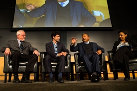 A panel on carbon capture featured, from left to right, MIT research scientist Howard Herzog, MIT professor of civil and environmental engineering Ruben Juanes, Stanford University professor Arun Majumdar, and co-chair Kristala Prather.