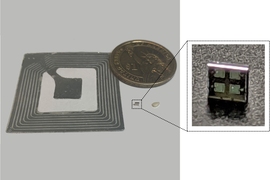 Even though it’s the size of a sesame seed, the ID tag (zoomed in, right) can send wireless communications at greater reader distances than much larger RFID tags (left) and can run cryptographic algorithms to help secure nearly any product in the supply chain.