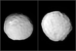 Two views of the asteroid Pallas, which researchers have determined to be the most heavily cratered object in the asteroid belt.