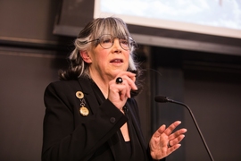 Susan Silbey, the Leon and Anne Goldberg Professor of Humanities, Sociology and Anthropology, and Professor of Behavioral and Policy Sciences at the Sloan School of Management, delivering the 48th Annual James R. Killian, Jr. Faculty Achievement Award Lecture at MIT on Tuesday, February 11, 2020. 