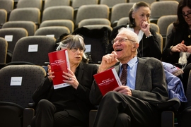 Susan Silbey (left), the Leon and Anne Goldberg Professor of Humanities, Sociology and Anthropology, and Professor of Behavioral and Policy Sciences at the Sloan School of Management, talking to University Professor Emeritus Robert M. Solow (right) before delivering the 48th Annual James R. Killian, Jr. Faculty Achievement Award Lecture at MIT on Tuesday, February 11, 2020.