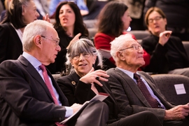 (From left to right) MIT President L. Rafael Reif; Susan Silbey, the Leon and Anne Goldberg Professor of Humanities, Sociology and Anthropology, and Professor of Behavioral and Policy Sciences at the Sloan School of Management; and University Professor Emeritus Robert M. Solow, before Silbey delivered the 48th Annual James R. Killian, Jr. Faculty Achievement Award Lecture at MIT on Tuesday, Februa...