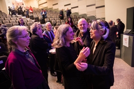 (Left to right, in front) Anne McCants, professor of history at MIT; Heather Paxson, the William R. Kenan, Jr. Professor of Anthropology at MIT; and Stefan Helmreich, Elting E. Morison Professor of Anthropology, and program head in Anthropology, all talk to Susan Silbey, the Leon and Anne Goldberg Professor of Humanities, Sociology and Anthropology, and Professor of Behavioral and Policy Sciences ...