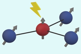 In a diamond crystal, three carbon atom nuclei (shown in blue) surround an empty spot called a nitrogen vacancy center, which behaves much like a single electron (shown in red). The carbon nuclei act as quantum bits, or qubits, and it turns out the primary source of noise that disturbs them comes from the jittery “electron” in the middle. By understanding the single source of that noise, it be...