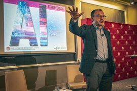 Luis Videgaray, director of MIT’s AI Policy for the World Project, talking at his Starr Forum lecture, hosted by the Center for International Studies, on February 19, 2020.