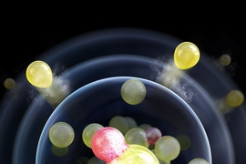 A new refrigerator for molecules.  Sodium atoms (yellow spheres) collide with sodium-lithium molecules (combined-yellow-red-spheres).  The atom-molecule mixture is trapped in an optical trap whose effective edge is shown as a white rim. As the trap is loosened (depicted as a dimmer rim), the most energetic sodium atoms leave the trap, providing evaporative cooling.  The cooling is transferred to t...