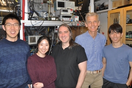 (left to right) MIT physics graduate students Yukun Lu and Juliana Park, Alan Jamison (professor of physics at Univ. of Waterloo and visiting scientist in the Research Laboratory of Electronics at MIT), Wolfgang Ketterle (principal investigator, professor of physics at MIT) and Hyungmok Son (Harvard physics graduate student, the lead author of the publication).