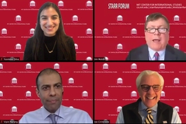The virtual Starr Forum, “Rethinking National Security in the Age of Pandemics,” featured (clockwise from top left) Yasmeen Silva, Jim Walsh, Joe Cirincione, and Vipin Narang.