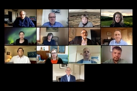 Speakers at MIT's virtual town hall included, from top to bottom, left to right, Rick Danheiser, Martin Schmidt, Maria T. Zuber, Cynthia Barnhart, Ramona Allen, Suzy Nelson, Sanjay Sarma, Ian Waitz, Alfred Ironside, Cecilia Stuopis, Elazer Edelman, Martin L. Culpepper, and L. Rafael Reif.