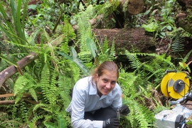 “Peatlands are really unique and carbon rich environments and wetland ecosystems,” Alison Hoyt says. In this photo, Hoyt is taking measurements in a tropical peat swamp forest.