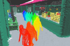 Kimera builds a dense 3D semantic mesh of an environment and can track humans in the environment. The figure shows a multi-frame action sequence of a human moving in the scene.