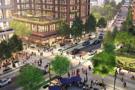 Conceptual rendering of an urban streetscape, seen from a "bird's-eye" view, looking into an active intersection with many trees, pedestrians, and cars