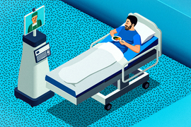 Patient in hospital bed talking to person on a screen