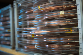 Shelves of disks with silver- and copper-colored stripes