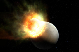 Illustration showing a glowing, fiery planet impacting a larger gray planet