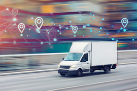 A digital photo collage shows white delivery van driving on a road, and in the blurred background are icons showing a delivery route.