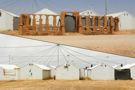 Two panels: Below, a row of white sheds at the Azraq refugee camp; above, one shed with a colonnade of decorative arches in front, made with clay and stones