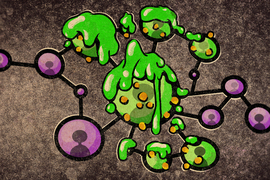 The cartoony illustration depicts a social network as circular nodes connected by lines. Some nodes are covered in green slime and it seems to be spreading.