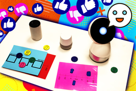 Image collage with three different smart speakers in the foreground, with rating cards in front of them. Clusters of "thumbs up" and "thumbs down" icons are in the background.