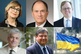 Grid of six images, five headshots and one photo of a Ukrainian flag of blue and yellow waving