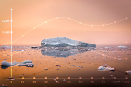 Photo of an iceberg, overlain with a chart showing changing temperature over time