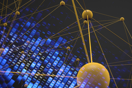 Abstract image of a network of gold spheres connected by gold rods, against rows of blue 1s and 0s